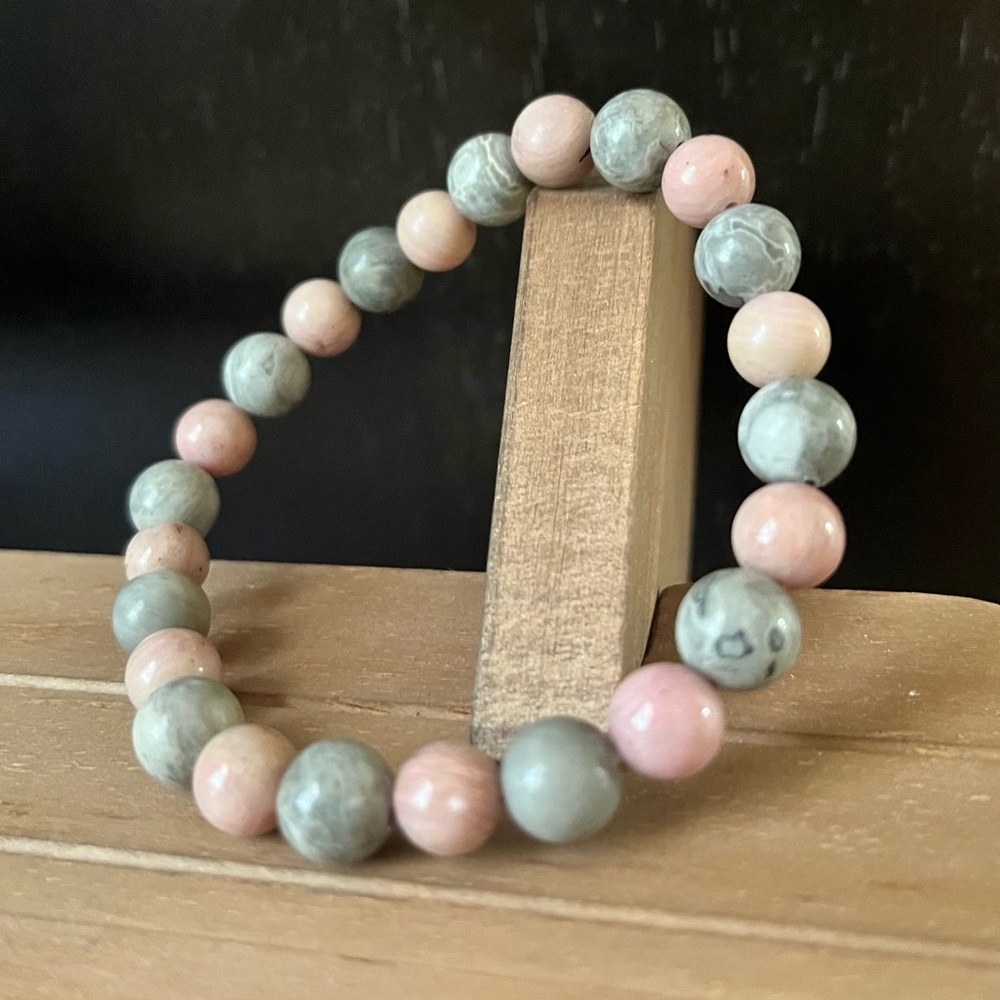 Rhodonite & Map Jasper Natural Stone Crystal 8mm Round Beaded Stretch Bracelet
